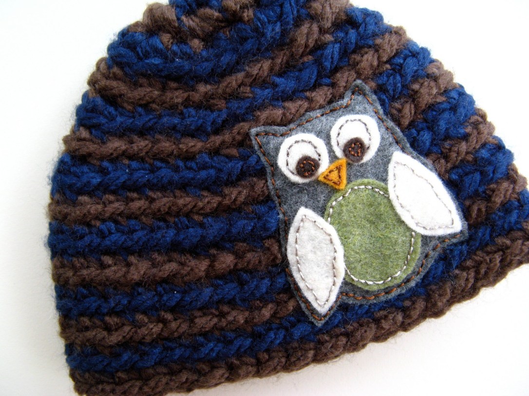 Handmade baby boys crochet knit striped owl hat - felt owl applique with vintage silk embroidery