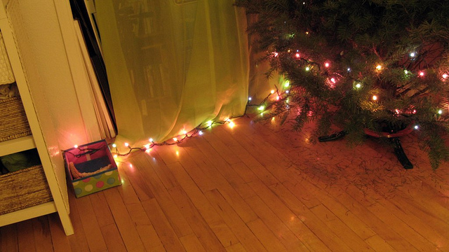 on the first day of christmas - image of christmas light string around base of christmas tree, glowing against wood floors