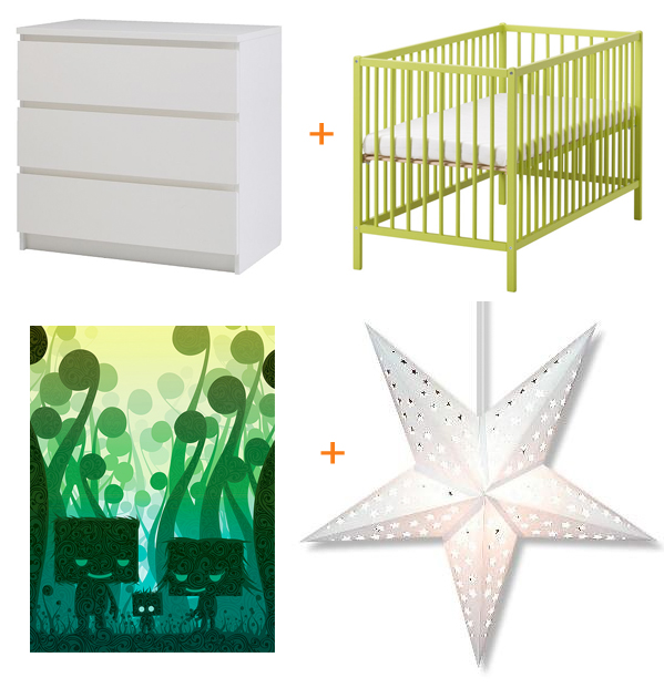 ikea malm 3-drawer dresser in white - ikea somant crib in lime green - tofu woodland family print from 26pm.com - white paper stars
