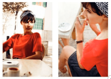 image via early spring '11 toast uk catalogue - woman in red top and black skirt at cafe table with coffee