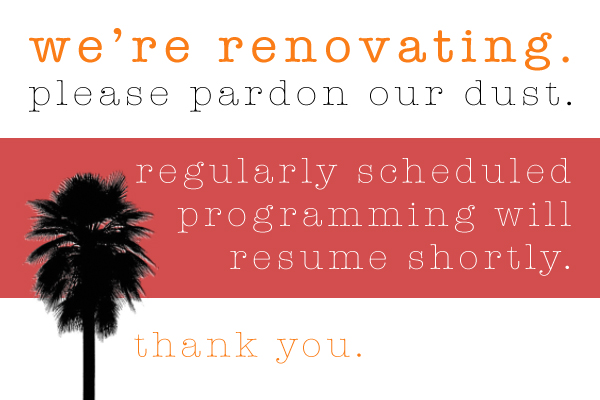 We're renovating. Please pardon our dust. Regularly scheduled programming will resume shortly. Thank you.