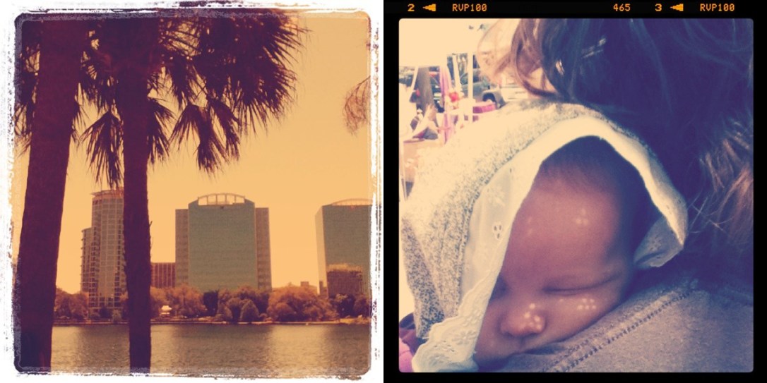Lake Eola Orlando; baby Aveline wearing lacy sunbonnet 