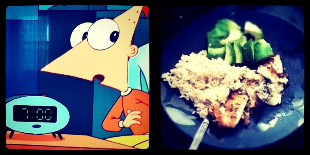 Phineas and Ferb screen capture; tilapia, avocado, and brown rice dinner.