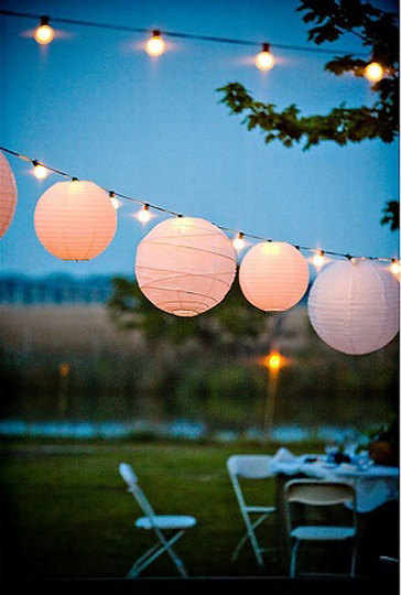 oaxacaborn's outdoor pinterest board - paper lanterns and string of lights at dusk via stacey bode
