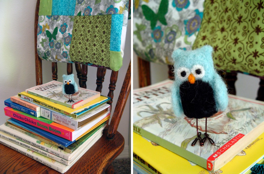 Felted Owl on stack of children's books on wooden chair with handmade quilt on back of chair-Oaxacaborn-Aveline's room Felted Owl on stack of children's books on wooden chair with handmade quilt on back of chair-Oaxacaborn-Aveline's room