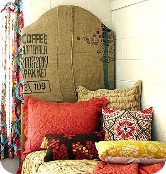 burlap headboard - guatemalan coffee - red and yellow patterned bedding and curtains