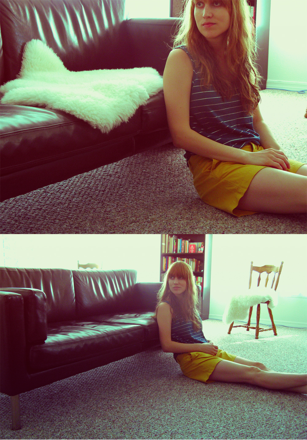 Self portrait - leather couch, sheepskin, sitting on floor - Photo a Day - August Photo Challenge