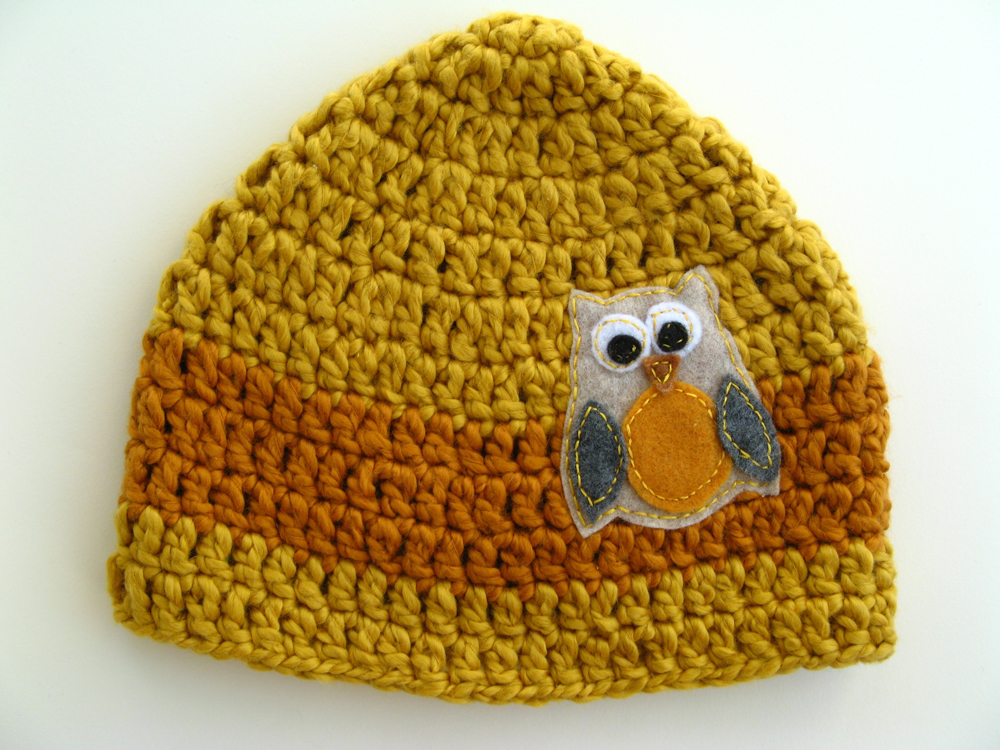 HAT Cotton - Boy's Owl Hat - Mustard Yellow and Burnt Orange