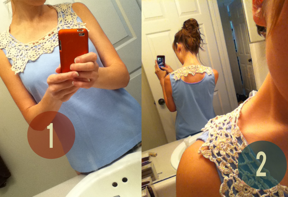Thifted blue lands-end tank with vintage thrifted crochet lace collar