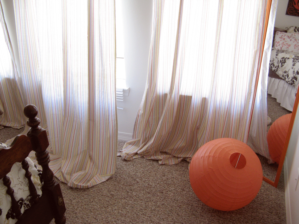 Striped Curtains in Wind, Orange Paper Lantern, Orange Mirror