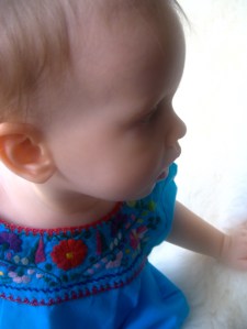 Baby Aveline wearing traditional Oaxaca Mexican Embroidered Shirt Dress