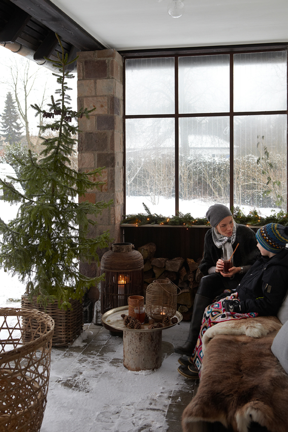 Mother and Son on Wintery Christmas Porch in Denmark in Winter - Snowy White Christmas - Image from Sköna hem