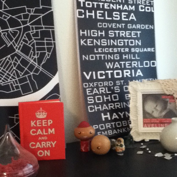 Top of my dresser with London grid art via TexturedINK on Etsy. I need to pick up some frames so I can hang these prints!