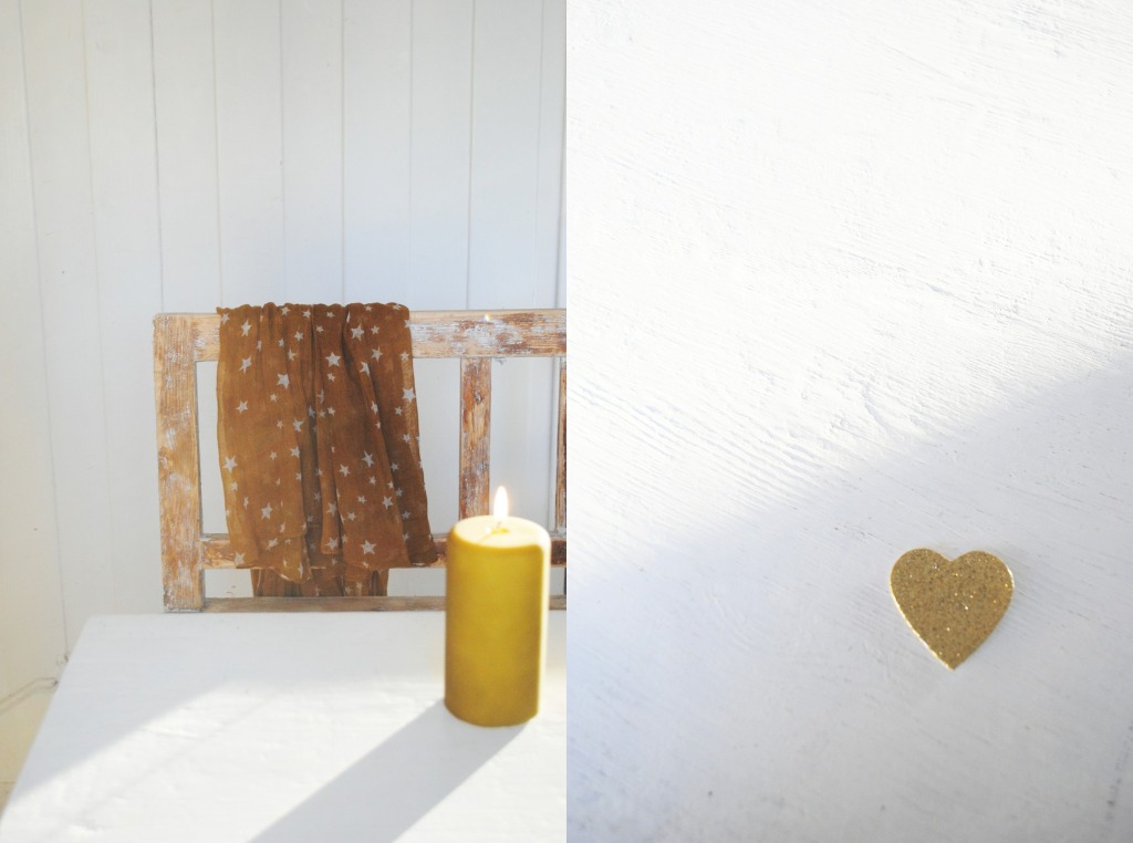 white wood, mustard candle, sparkle grey heart, and star fabric via moa og kaffekoppen