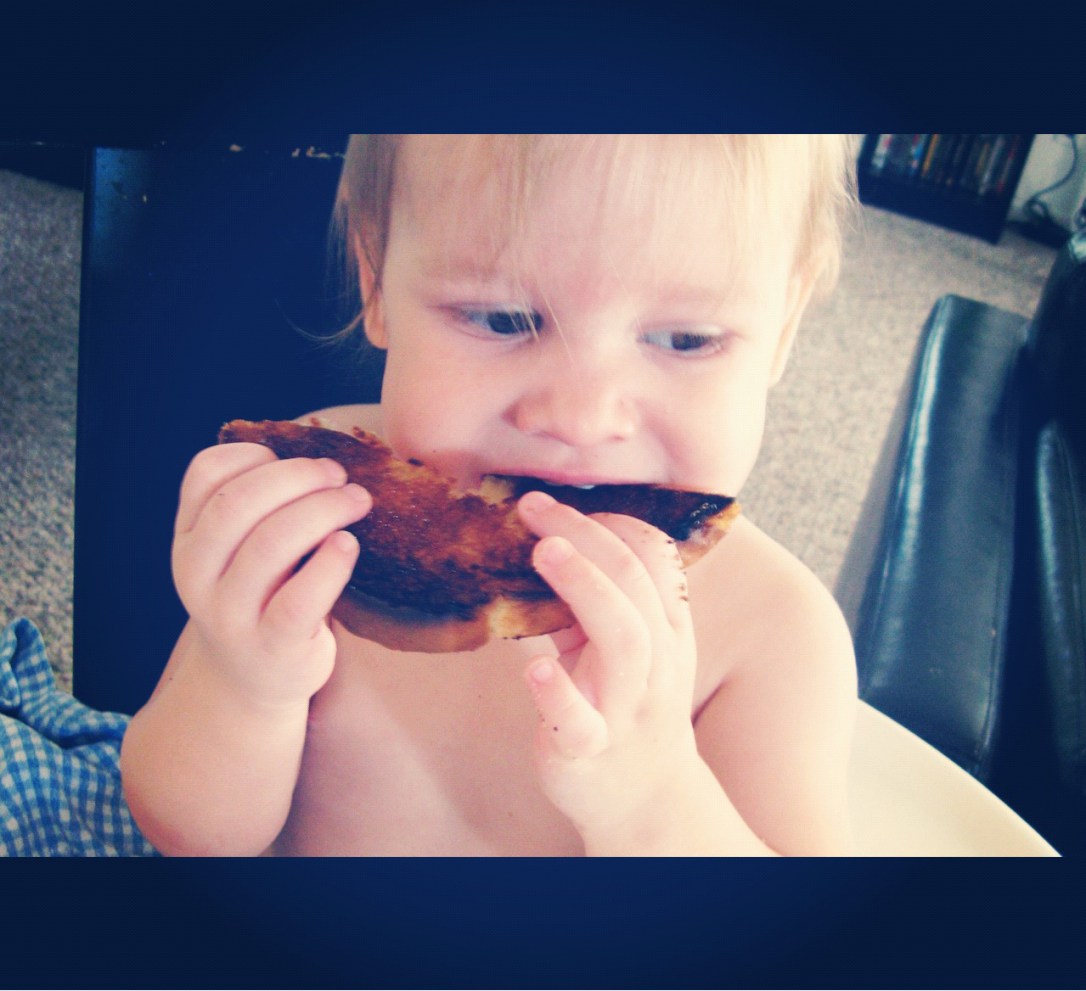 Aveline eating burnt toast