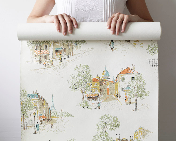 Vintage wallpaper showing Paris streetscapes, via SmileMercantile on Etsy