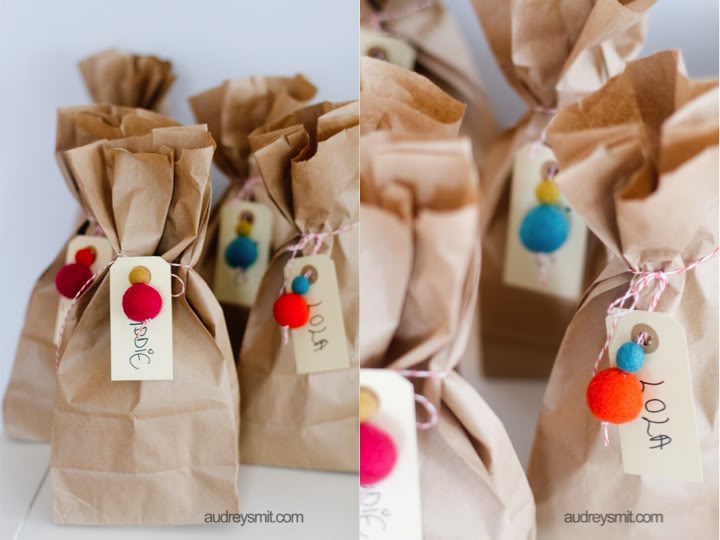 Felted Balls and Twine on Brown Paper Bags as Packaging  - Audrey Smit for The French Import