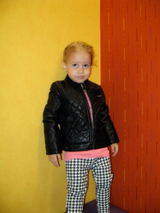 Image - Aveline Alenka in JCP JCPenney Back to School Collection - FirstDayLook Toddler Style Houndstooth Pants and Faux Leather Jacket on the Oaxacaborn blog copy