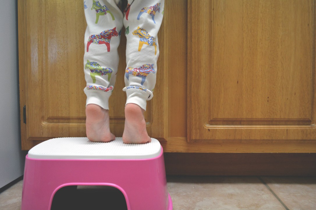 May 2014 - Aveline on Bjorn step stool and Hanna Andersson pajamas